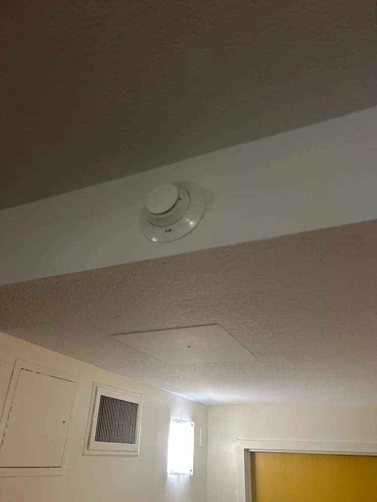Ceiling-mounted smoke detector installed in a building hallway